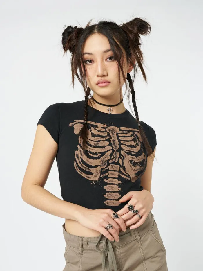 Clothing Minga London Crop Tops Skeleton Black Graphic Print Baby Tee