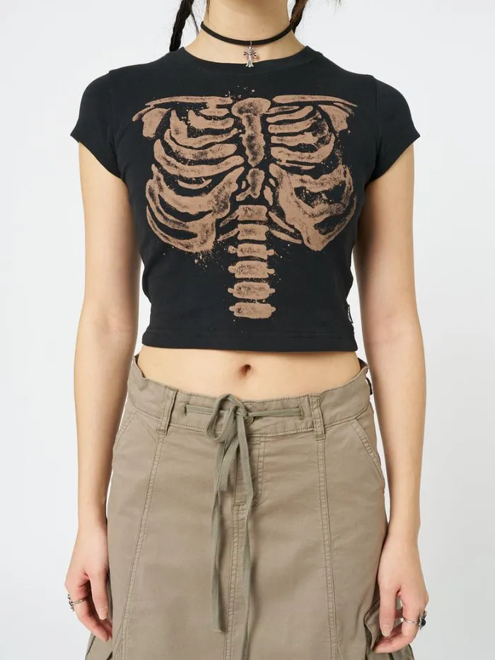 Clothing Minga London Crop Tops Skeleton Black Graphic Print Baby Tee