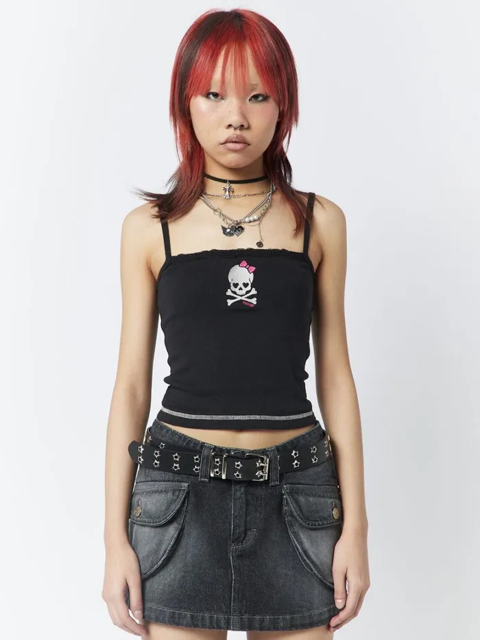 Clothing Minga London Crop Tops Skull Girl Black Lace Trim Cami Top
