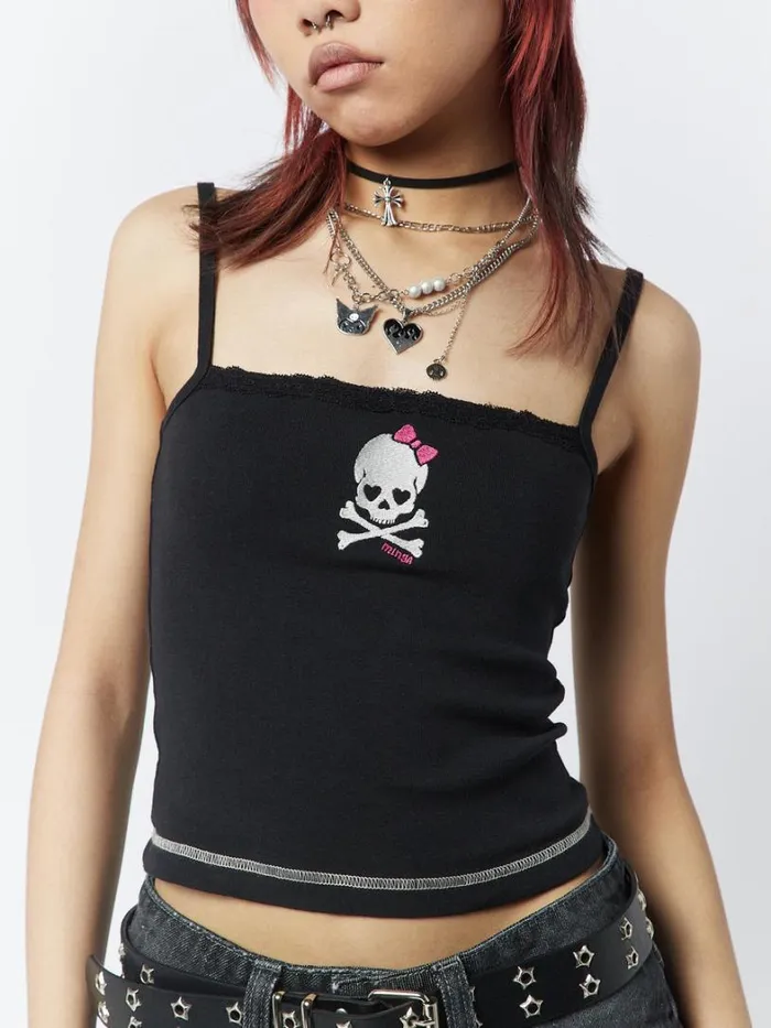 Clothing Minga London Crop Tops Skull Girl Black Lace Trim Cami Top