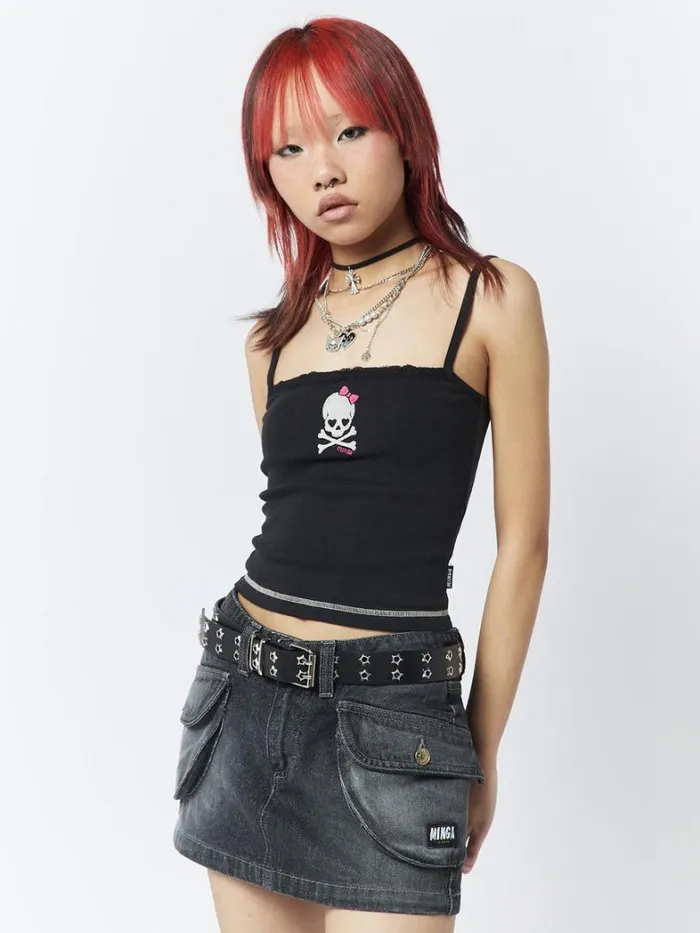 Clothing Minga London Crop Tops Skull Girl Black Lace Trim Cami Top