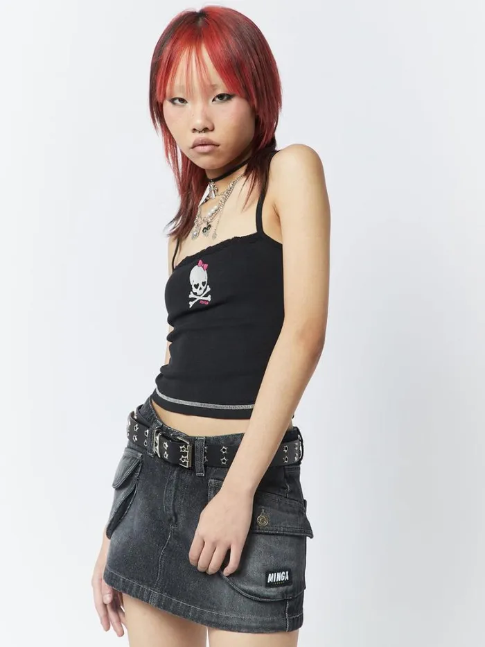 Clothing Minga London Crop Tops Skull Girl Black Lace Trim Cami Top