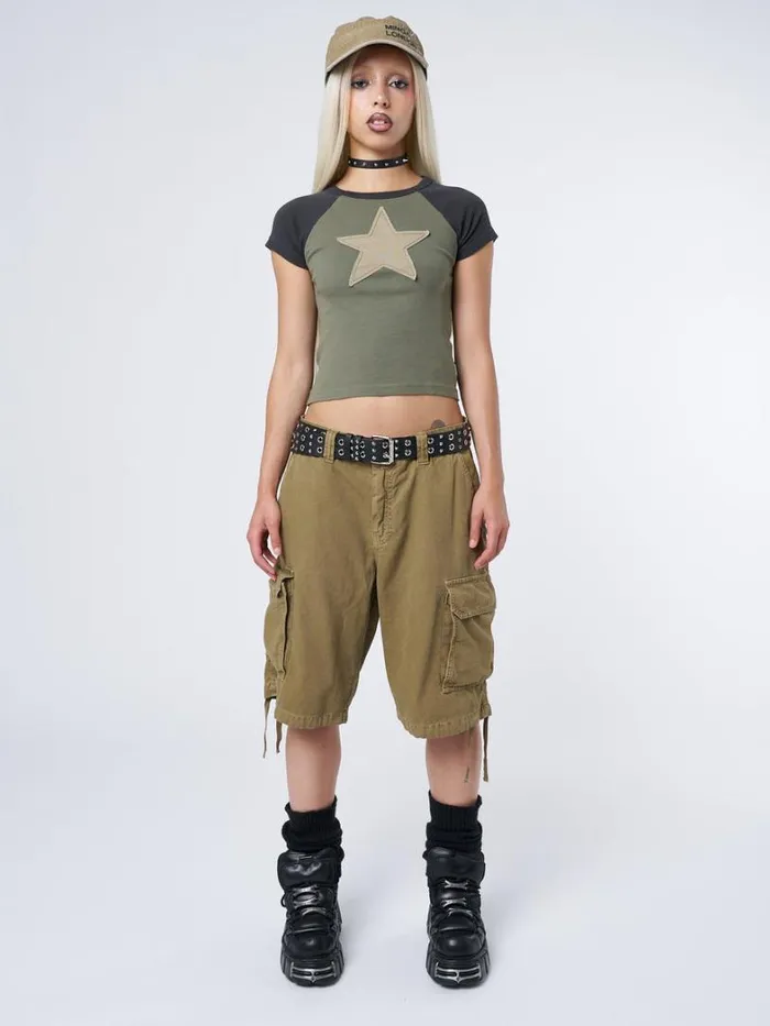 Clothing Minga London Crop Tops Starlight Khaki Raglan Baby Tee