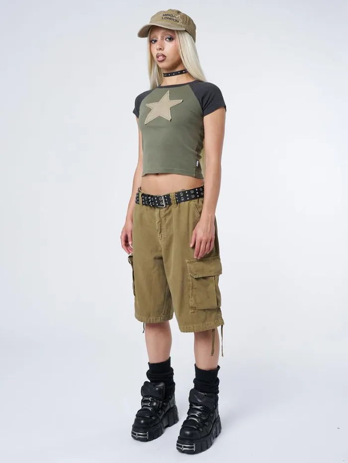 Clothing Minga London Crop Tops Starlight Khaki Raglan Baby Tee