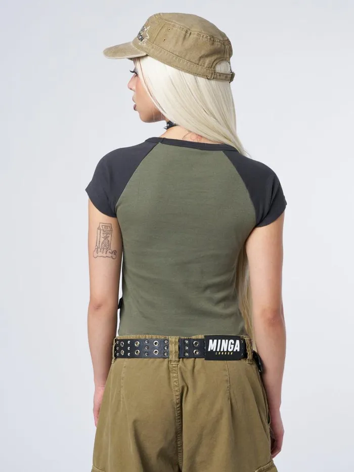 Clothing Minga London Crop Tops Starlight Khaki Raglan Baby Tee
