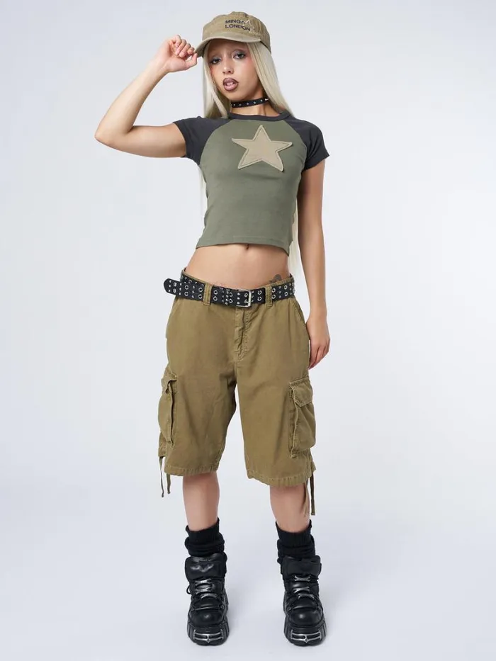 Clothing Minga London Crop Tops Starlight Khaki Raglan Baby Tee