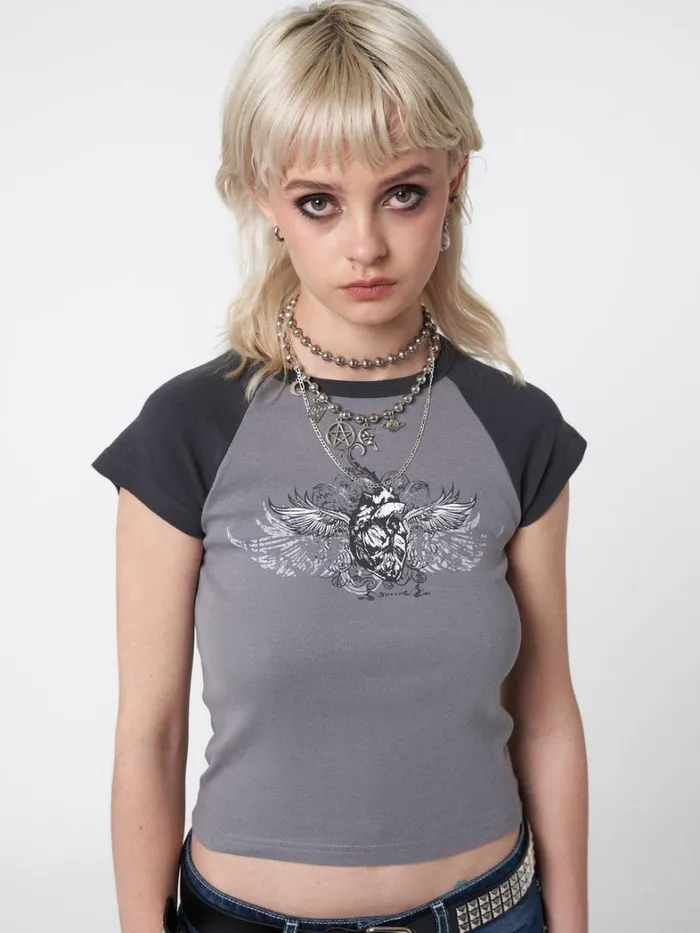 Clothing Minga London Crop Tops Winged Heart Raglan Baby Tee