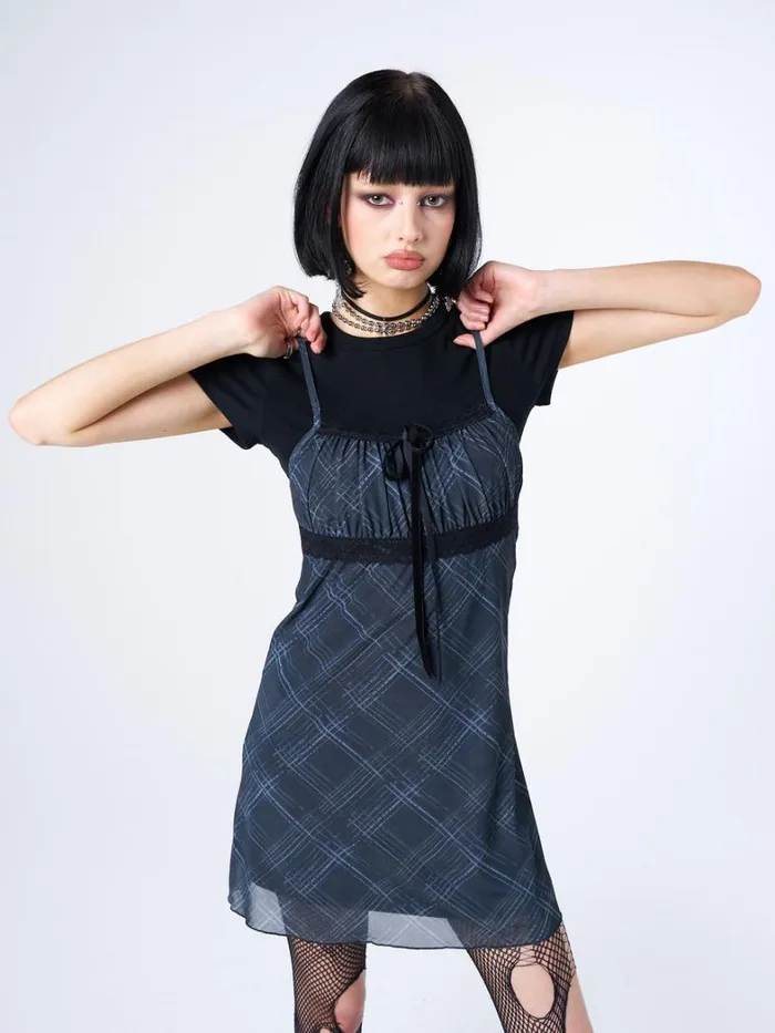 Clothing Minga London Dresses Amber Tartan Lace Trim Mini Dress
