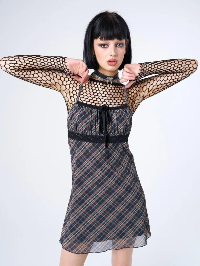 Clothing Minga London Dresses Iza Tartan Lace Trim Mini Dress