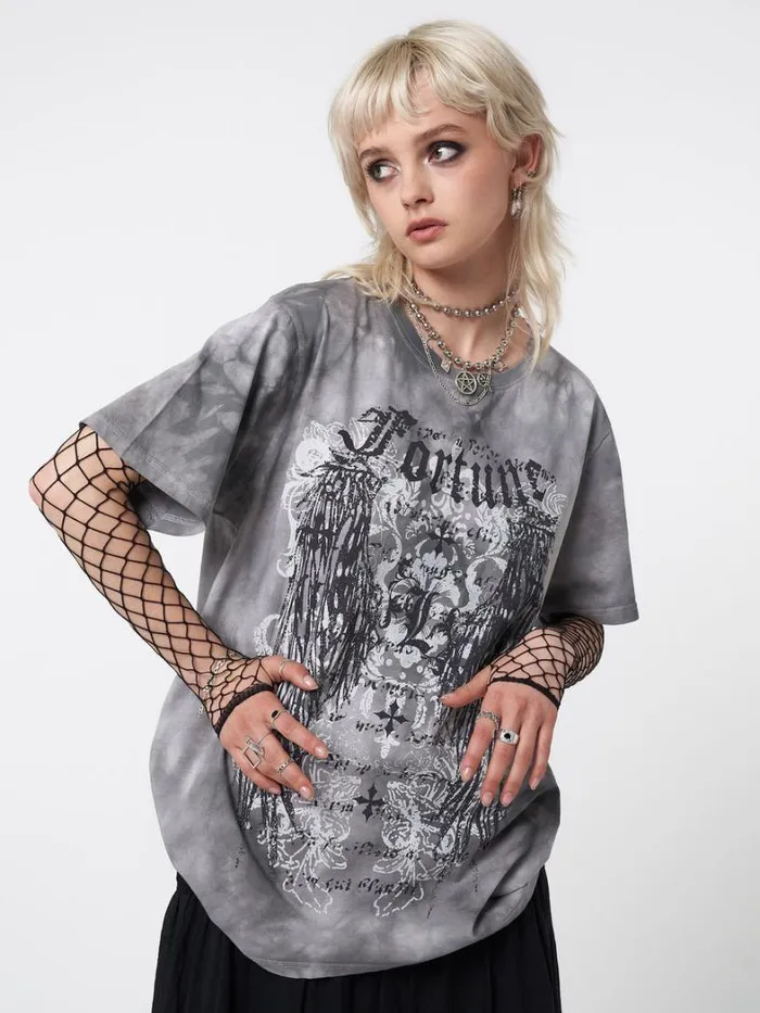 Clothing Minga London Graphic Tees Fortune Wings Grey Tie Dye TShirt