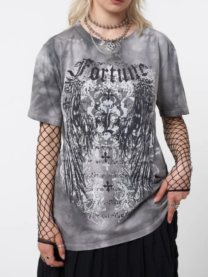 Clothing Minga London Graphic Tees Fortune Wings Grey Tie Dye TShirt