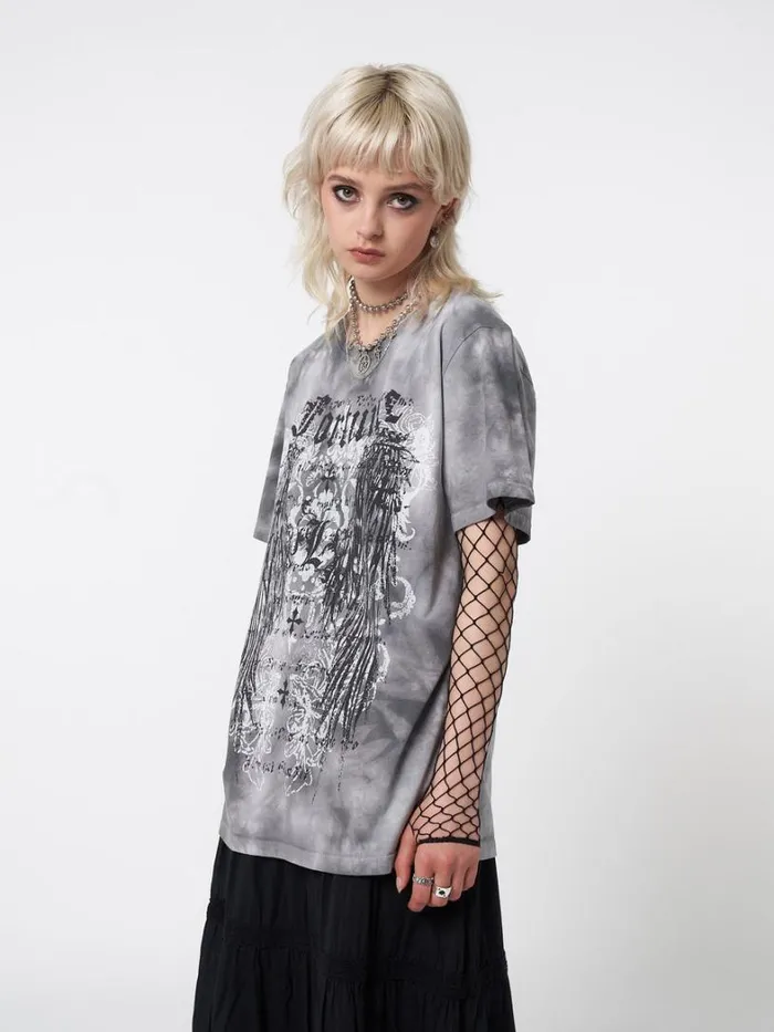 Clothing Minga London Graphic Tees Fortune Wings Grey Tie Dye TShirt