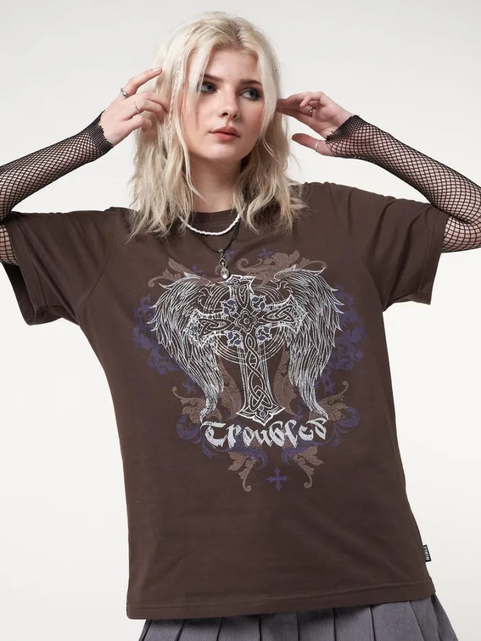Clothing Minga London Graphic Tees Winged Cross Brown Tshirt