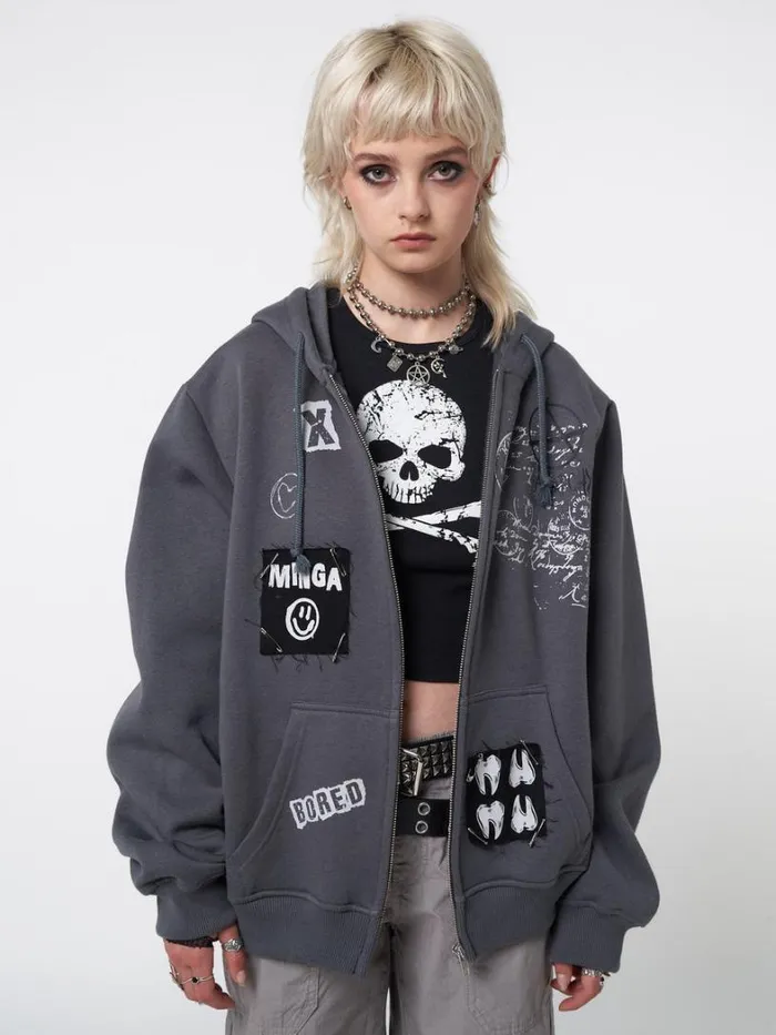 Clothing Minga London Jackets Billie Patch Prints Oversized Zip Up Hoodie
