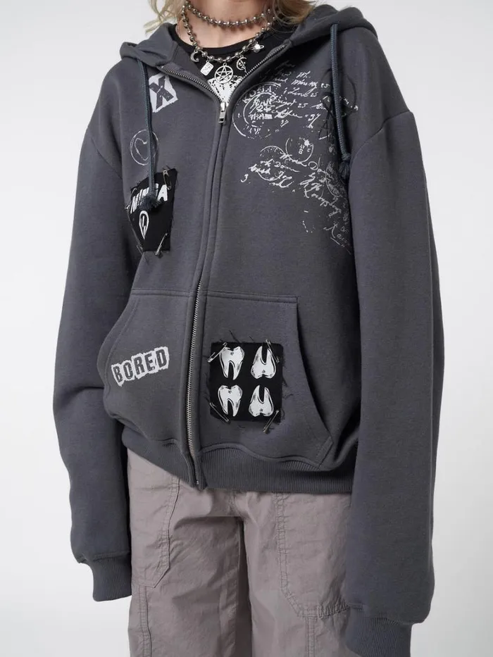 Clothing Minga London Jackets Billie Patch Prints Oversized Zip Up Hoodie