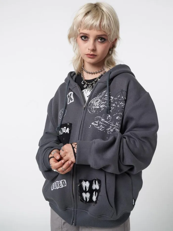 Clothing Minga London Jackets Billie Patch Prints Oversized Zip Up Hoodie