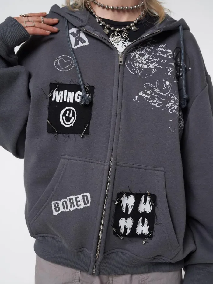 Clothing Minga London Jackets Billie Patch Prints Oversized Zip Up Hoodie