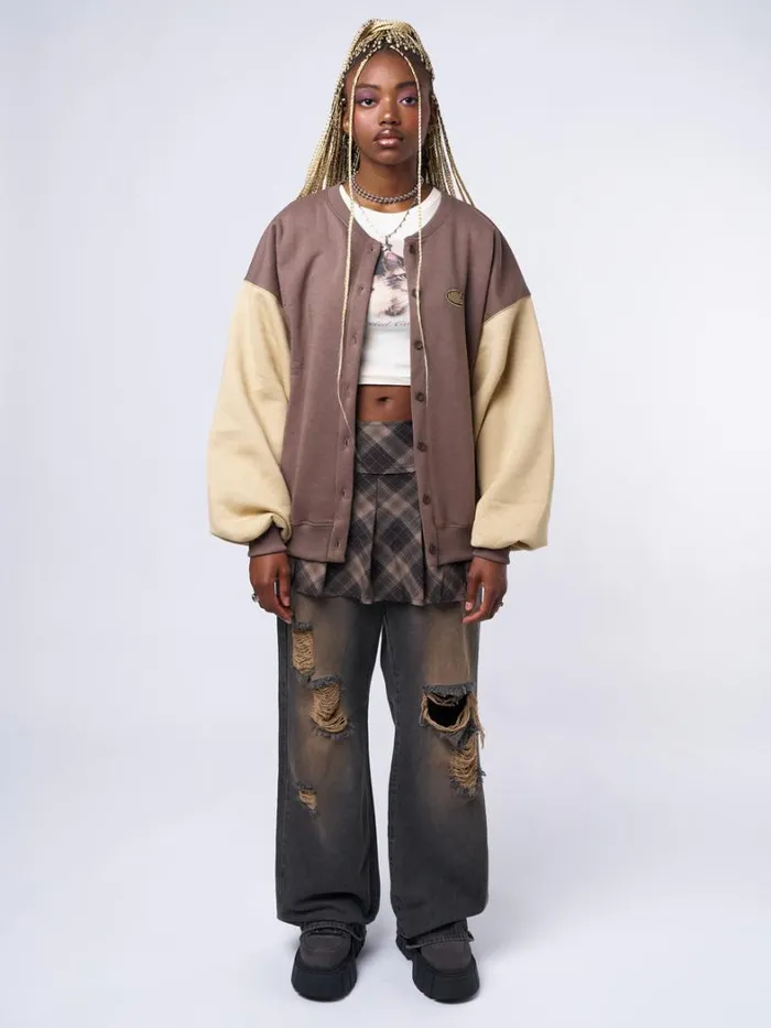 Clothing Minga London Jackets Brown Beige Colour Block Bomber Jacket
