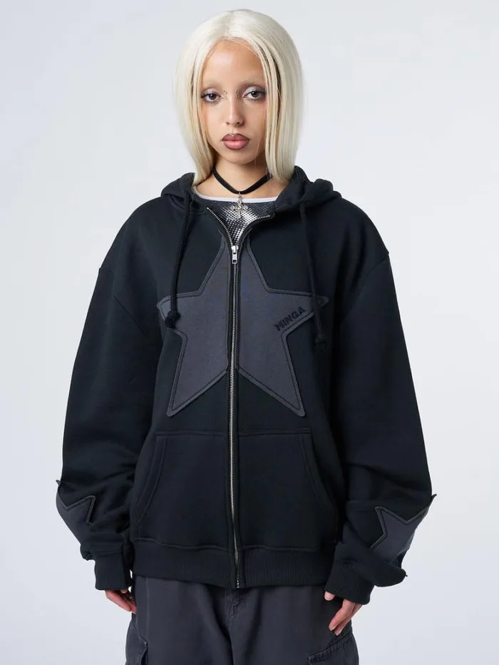 Clothing Minga London Jackets Celeste Star Black Oversized Zip Up Hoodie
