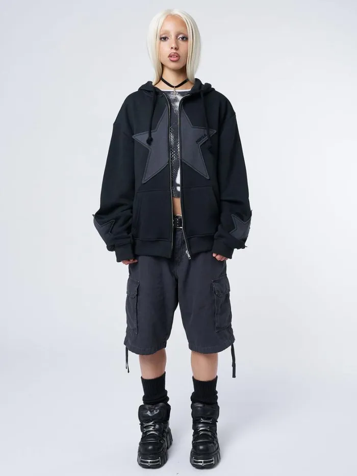 Clothing Minga London Jackets Celeste Star Black Oversized Zip Up Hoodie