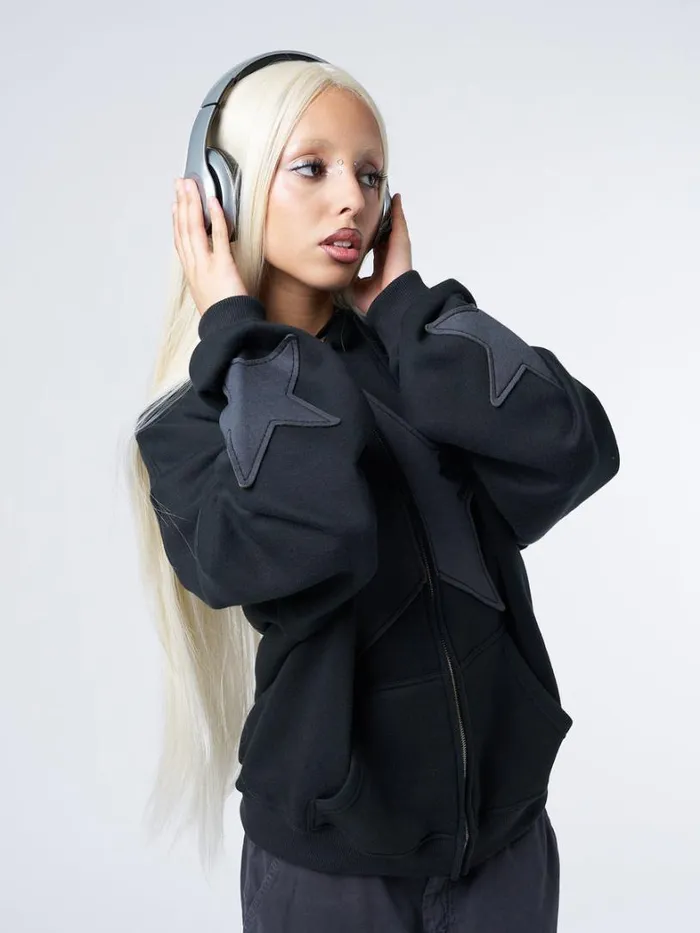 Clothing Minga London Jackets Celeste Star Black Oversized Zip Up Hoodie