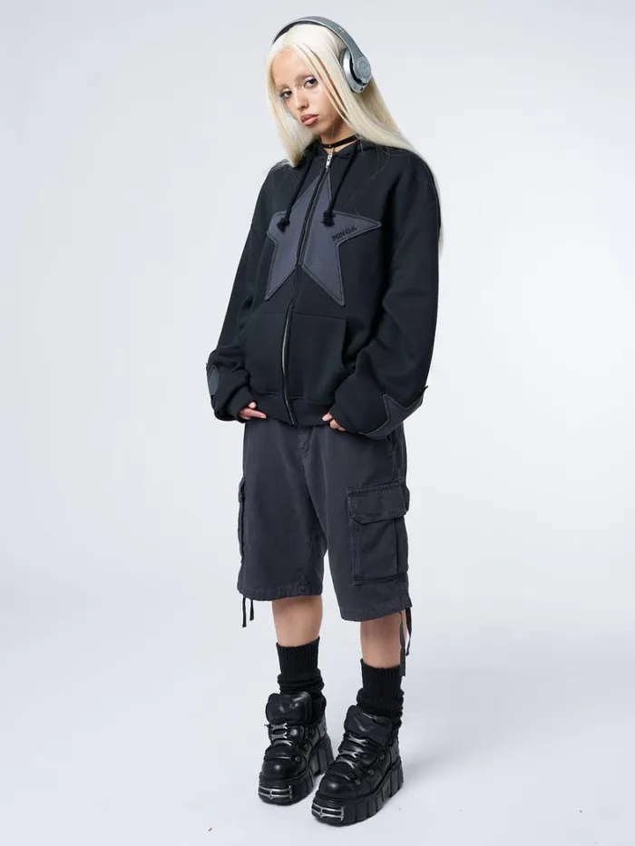 Clothing Minga London Jackets Celeste Star Black Oversized Zip Up Hoodie