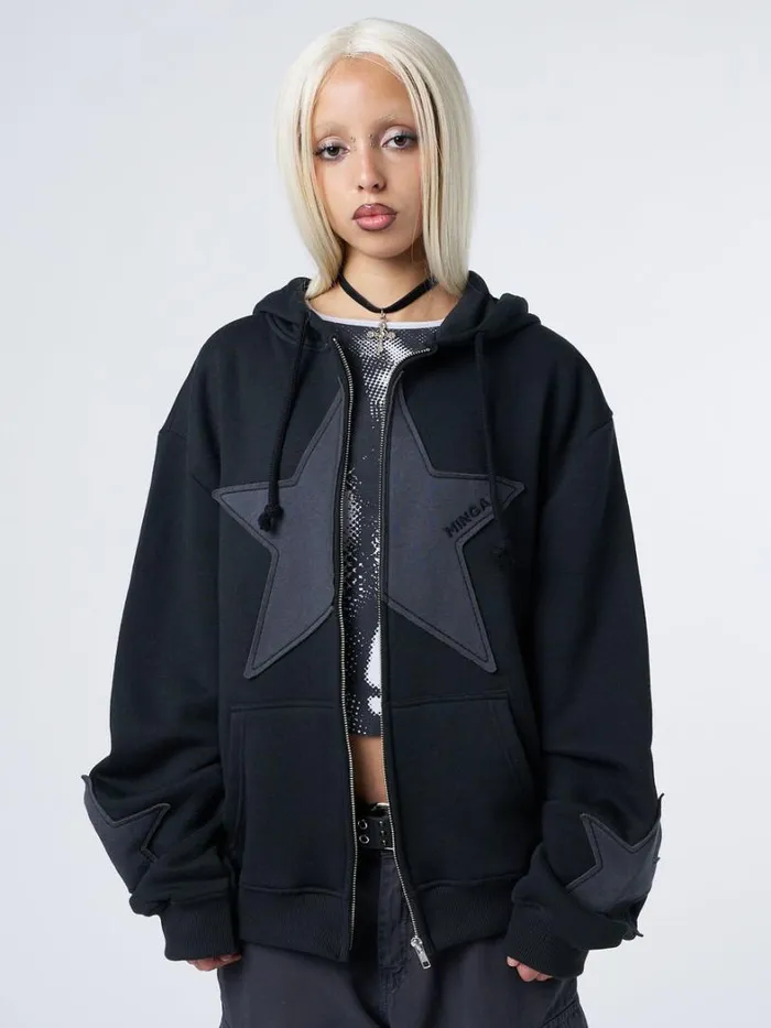 Clothing Minga London Jackets Celeste Star Black Oversized Zip Up Hoodie