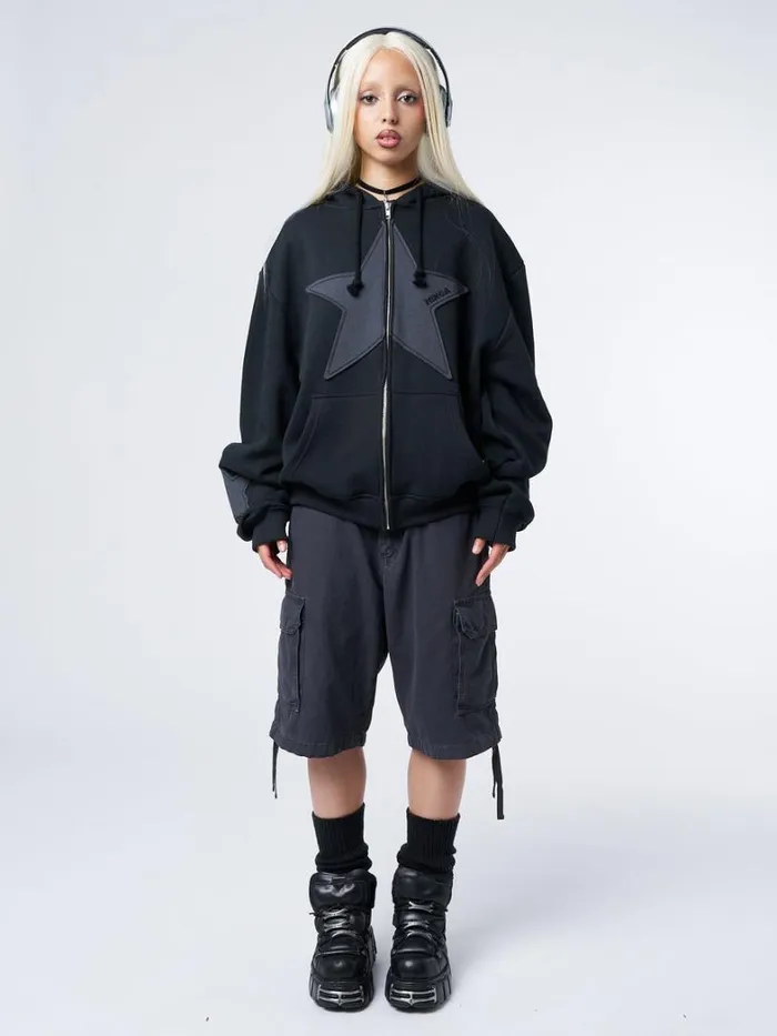 Clothing Minga London Jackets Celeste Star Black Oversized Zip Up Hoodie