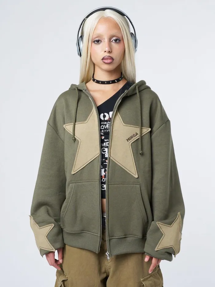 Clothing Minga London Jackets Celeste Star Green Oversized Zip Up Hoodie