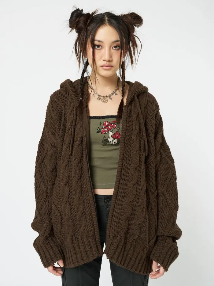 Clothing Minga London Jackets Eli Brown Zip Up Cable Knit Cardigan