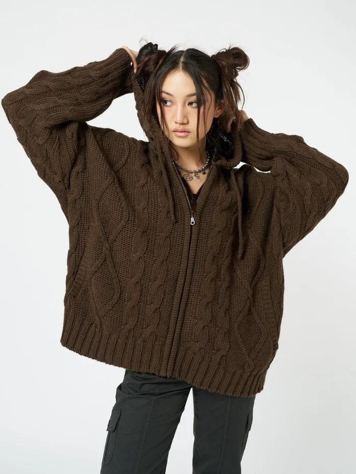 Clothing Minga London Jackets Eli Brown Zip Up Cable Knit Cardigan