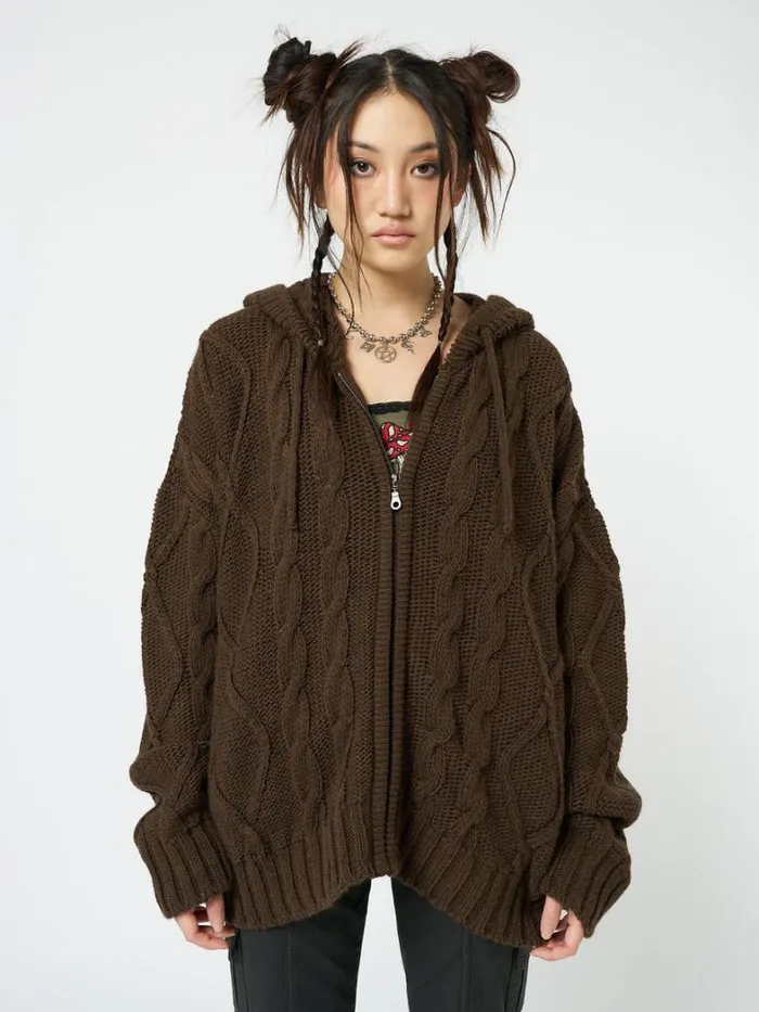Clothing Minga London Jackets Eli Brown Zip Up Cable Knit Cardigan