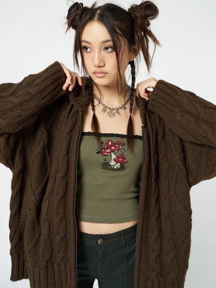 Clothing Minga London Jackets Eli Brown Zip Up Cable Knit Cardigan