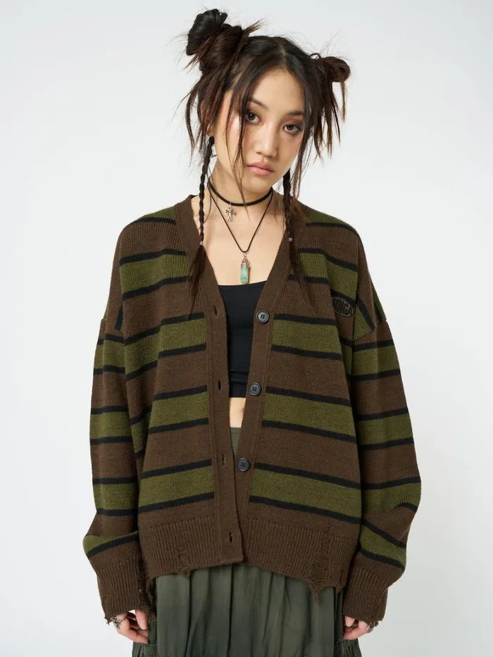 Clothing Minga London Jackets Neesa Brown and Green Stripe Knit Cardigan