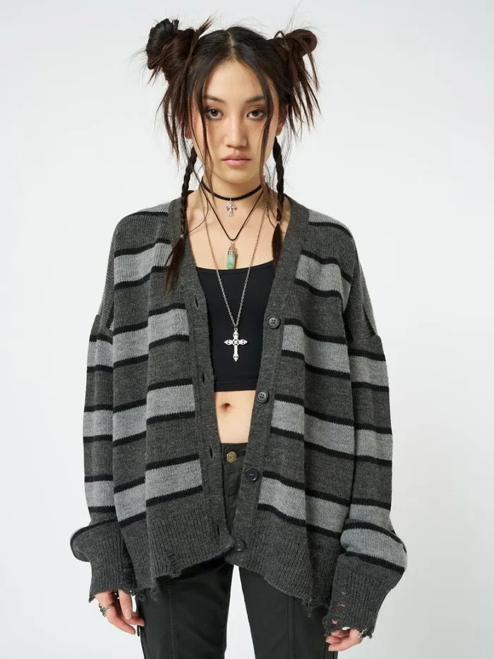 Clothing Minga London Jackets Neesa Grey and Black Stripe Knit Cardigan