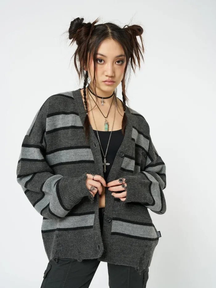 Clothing Minga London Jackets Neesa Grey and Black Stripe Knit Cardigan