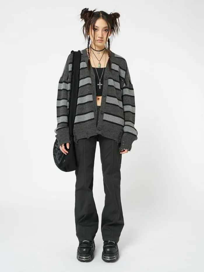 Clothing Minga London Jackets Neesa Grey and Black Stripe Knit Cardigan