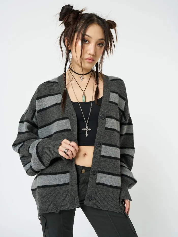 Clothing Minga London Jackets Neesa Grey and Black Stripe Knit Cardigan