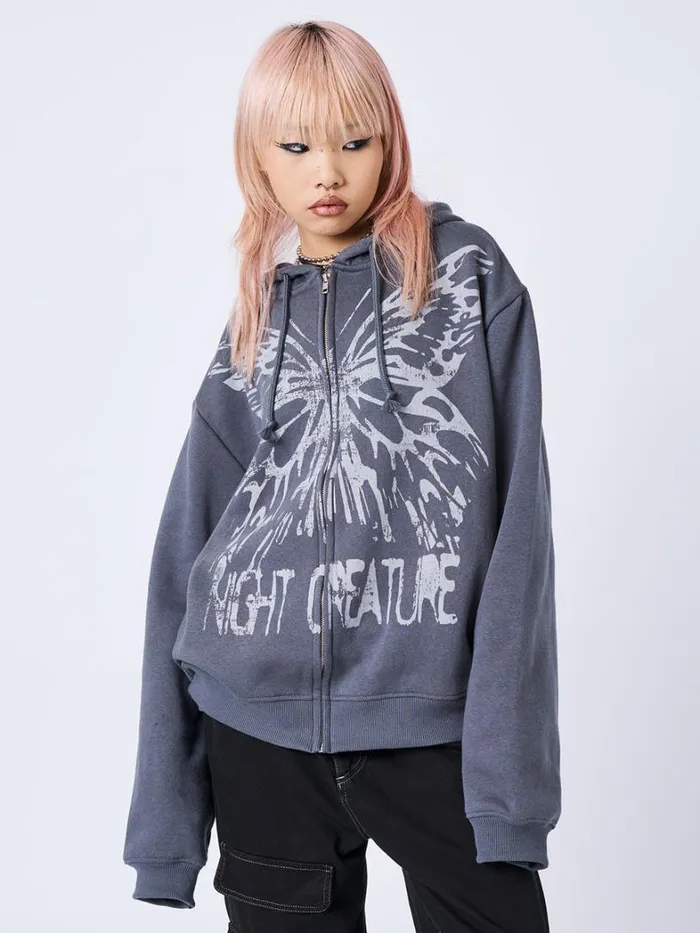 Clothing Minga London Jackets Night Creature Grey Oversized Zip Up Hoodie