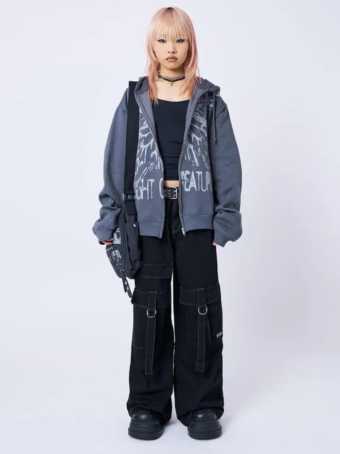 Clothing Minga London Jackets Night Creature Grey Oversized Zip Up Hoodie