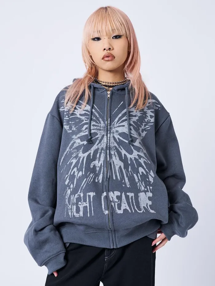 Clothing Minga London Jackets Night Creature Grey Oversized Zip Up Hoodie