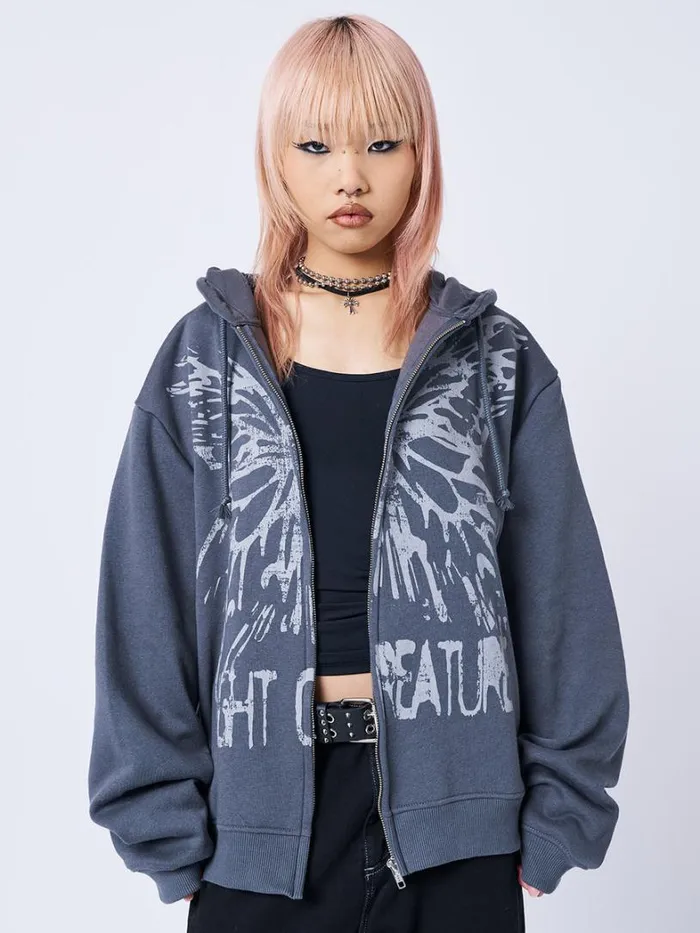 Clothing Minga London Jackets Night Creature Grey Oversized Zip Up Hoodie