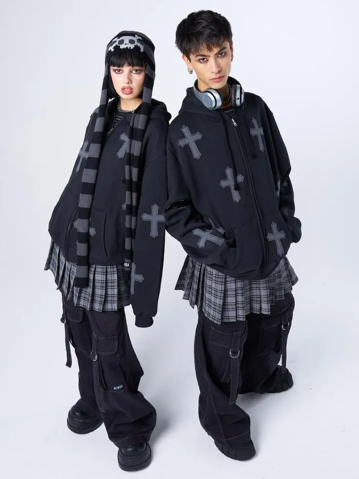 Clothing Minga London Jackets Raven Cross Patch Oversized Zip Up Hoodie