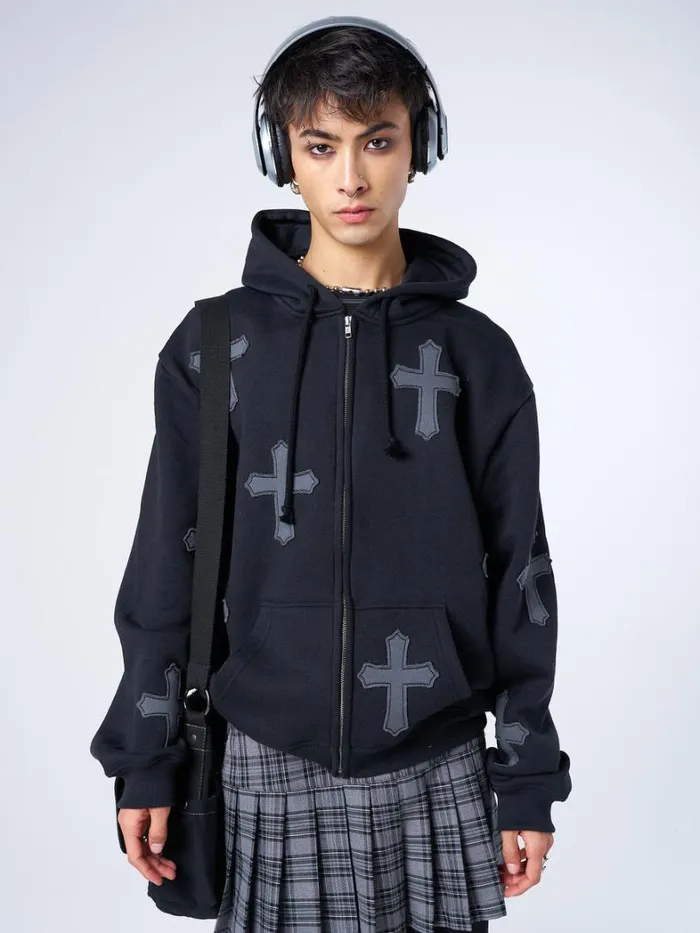 Clothing Minga London Jackets Raven Cross Patch Oversized Zip Up Hoodie
