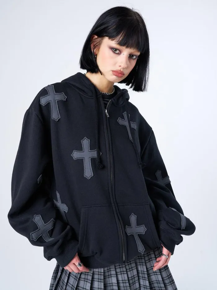 Clothing Minga London Jackets Raven Cross Patch Oversized Zip Up Hoodie