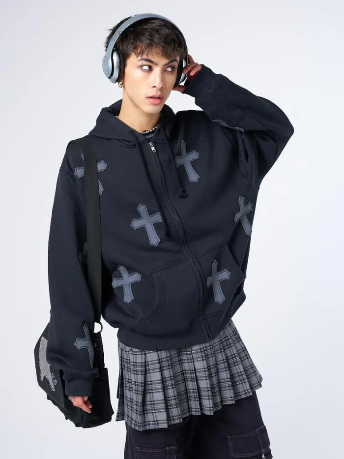 Clothing Minga London Jackets Raven Cross Patch Oversized Zip Up Hoodie
