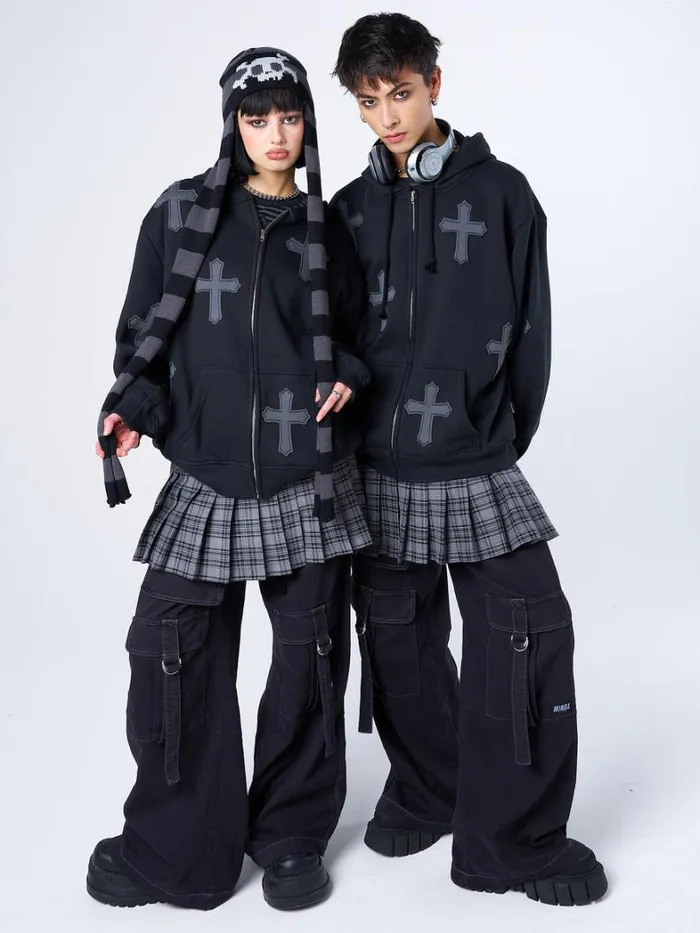 Clothing Minga London Jackets Raven Cross Patch Oversized Zip Up Hoodie