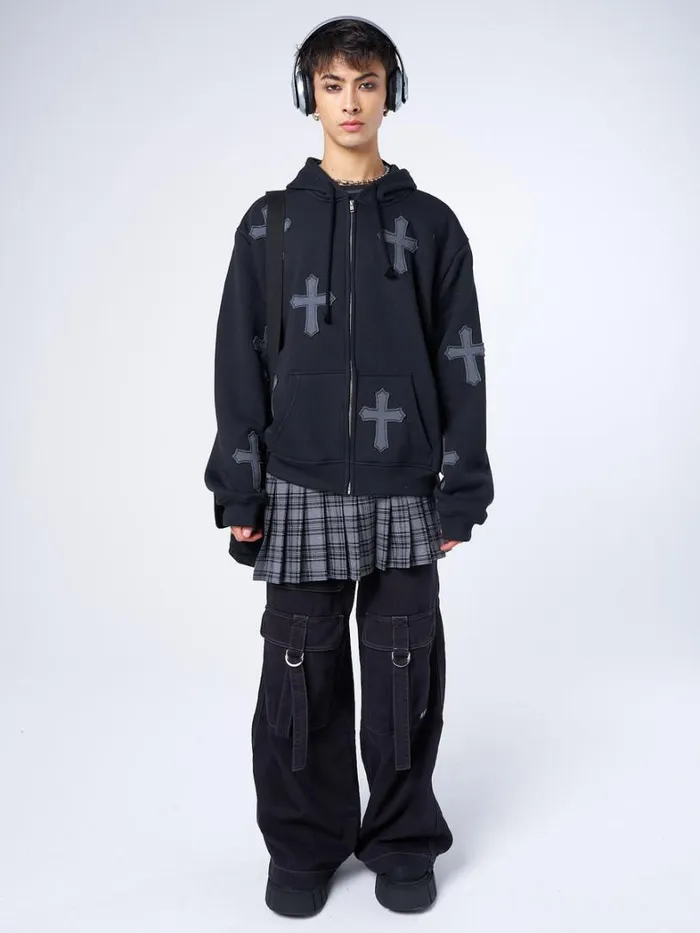 Clothing Minga London Jackets Raven Cross Patch Oversized Zip Up Hoodie