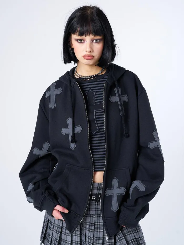 Clothing Minga London Jackets Raven Cross Patch Oversized Zip Up Hoodie