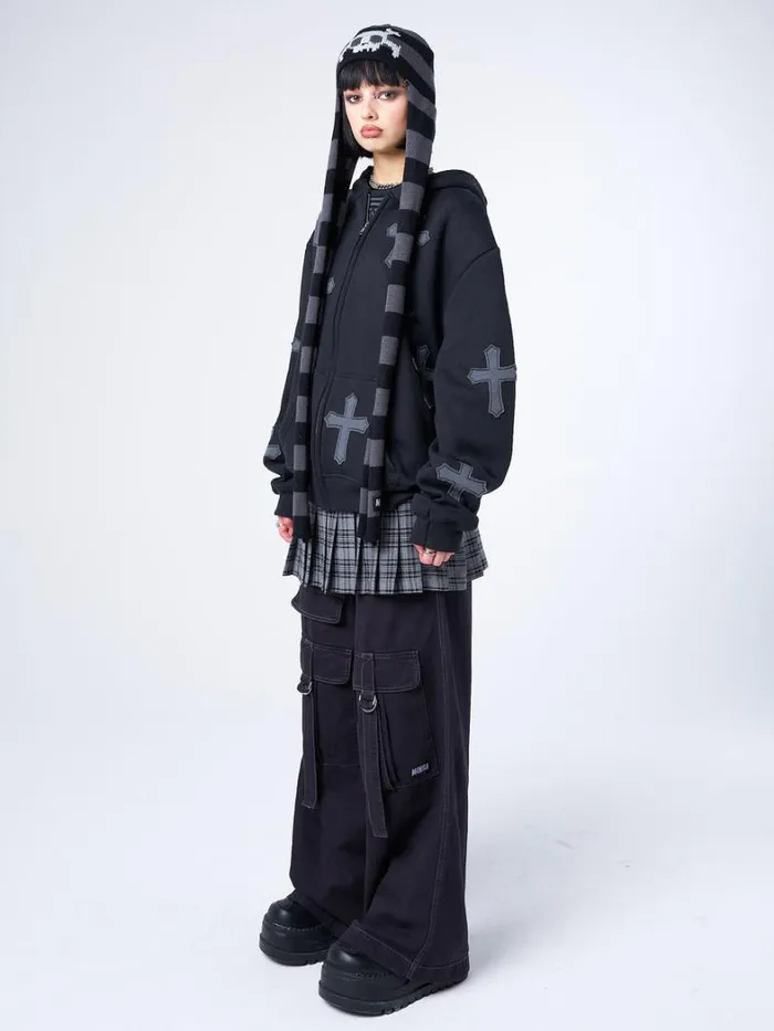 Clothing Minga London Jackets Raven Cross Patch Oversized Zip Up Hoodie